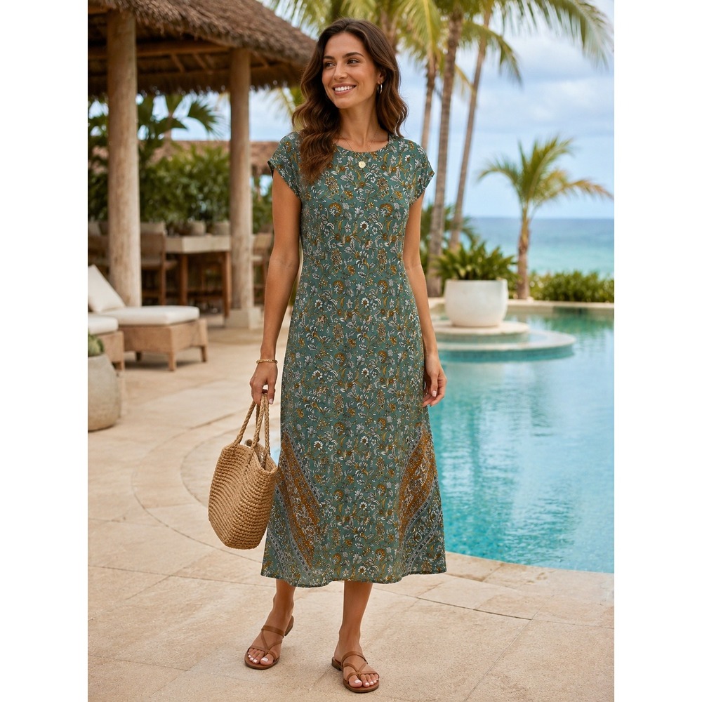 Pure J Jill Midi Dress Green Floral Womens L V-Neck Patchwork Resort Beach